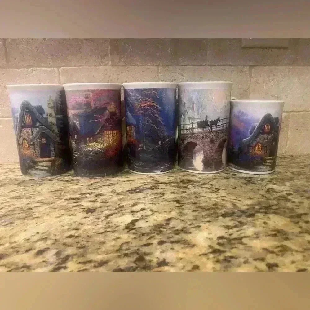 Vintage Thomas Kinkade Coffee Set - 5 Coffee Mugs and Serving Tray